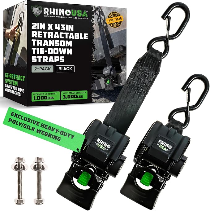 Rhino USA Retractable Boat Trailer Tie Down Straps 2PK – Durable (2in x 43in) Trailer Mount Transom Straps for Boat, Jet Ski – Powder Coated Black Steel – Fresh Water Compatible