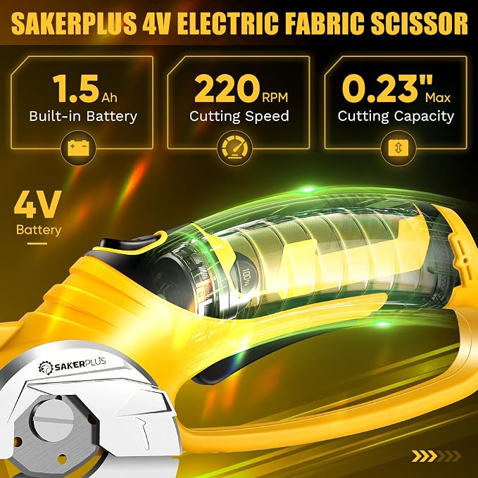 SakerPlus Cordless Electric Scissors, 4V Cardboard Cutter, Box Cutter - 2 Blades, 1 Storage Bag, Safety Lock & LED Light, Rechargeable Power Rotary Cutter for Box Carpet Fabric Plastic Leather
