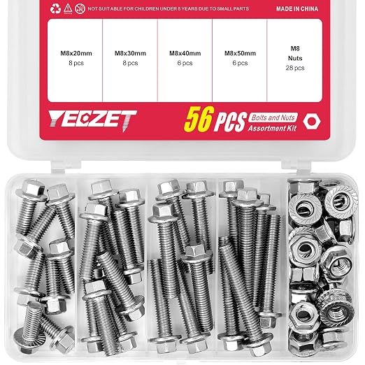 56PCS M8 Stainless Steel 304 Flanged Hex Head Bolts and Nuts kit 20mm 30mm 40mm 50mm