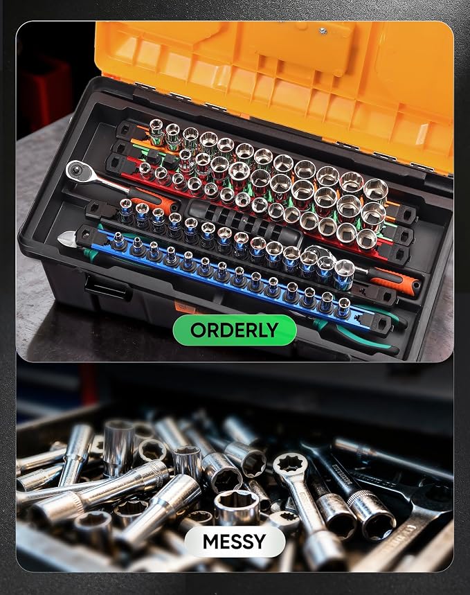 ALOANES Magnetic Socket Organizer Set, 3-Piece Heavy Duty Aluminum Socket Rails, 360° Swivel Clips Socket Rail Kit for Tool Tray Drawer Fit 1/2-Inch x 36 Clips (Orange, 3PC)