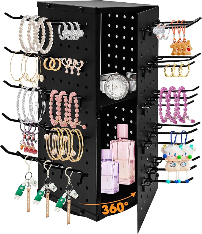 360° Rotating Pegboard Display Stand with 60 Hooks & Inner Storage Compartments - Metal Peg Board Keychain Jewelry Display Stand for Vendors, Retail, Craft Shows (Black)