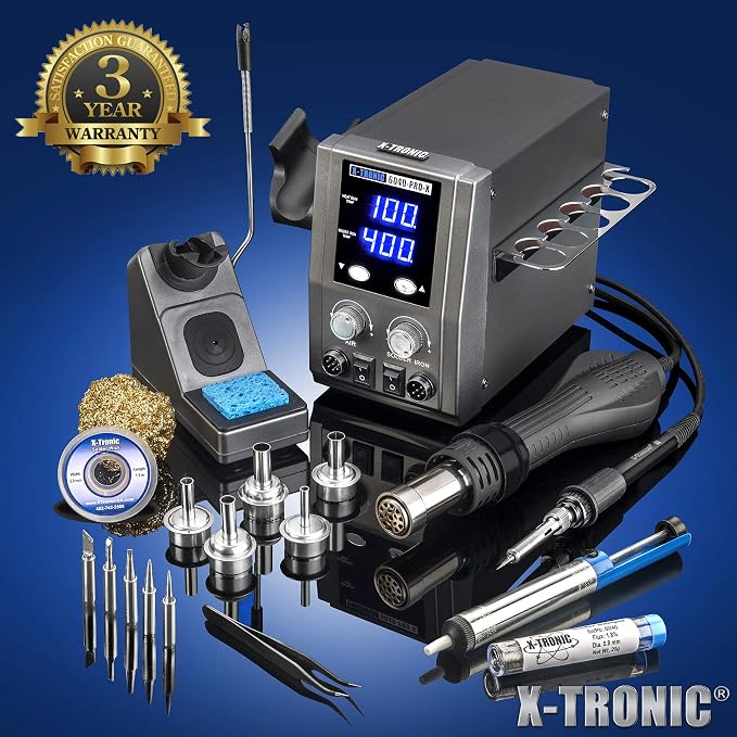 X-Tronic 6040-PRO-X • Platinum Series • 700 Watt • Hot Air Rework Soldering Iron Station • Digital Temp Controls, C/F Func, 0-30 Min Sleep, Auto Cool Down, Mute/Unmute Sound & Patented Nozzle Holder!