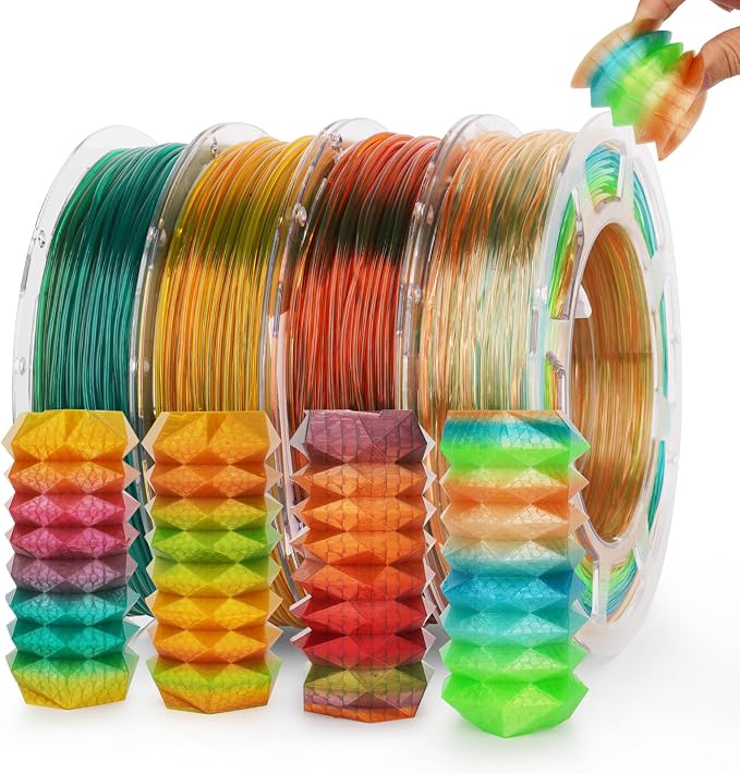 AMOLEN TPU 3D Printer Filament Bundle, Transparent Multicolor Rainbow TPU 1.75mm, Color Change Flexible Soft TPU 3D Printing Filament Supports High Speed, 200gX4 Spools