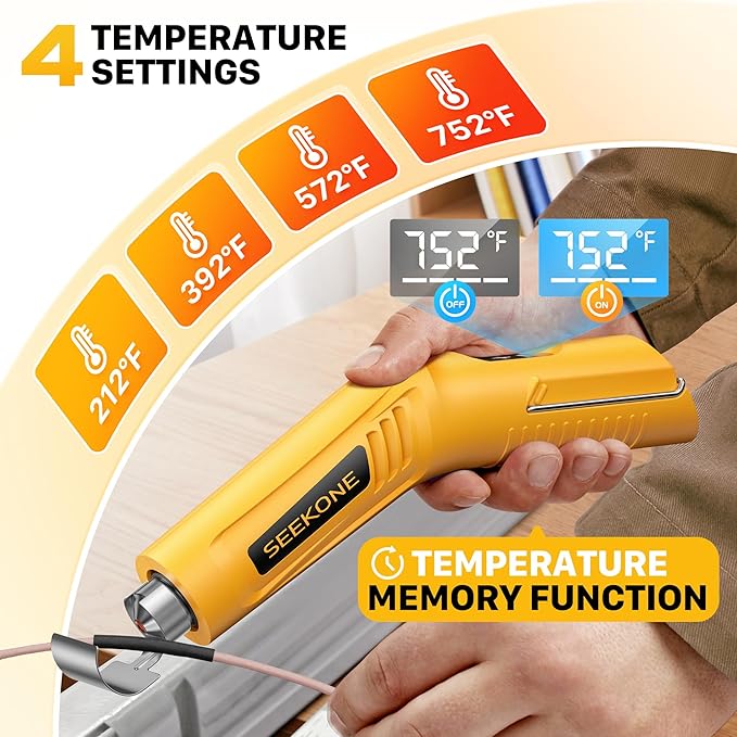 SEEKONE Mini Cordless Heat Gun with 4-Temp Settings (Up to 752°F) and Memory Function, USB Rechargeable Hot Air Gun, Fast Heating with Reflector Nozzle for Crafting, 3d printing and Shrink Wrapping