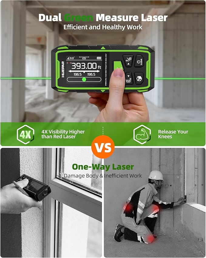 Huepar Dual Laser Measuring Tool, Fathers Day Dad Gifts, 393Ft Green-Beam Bilateral Digital Laser Distance Measure 6-Unit Ft/In/M, Rechargeable Laser Measurement Tool-Backlit LCD Display, Angle Sensor