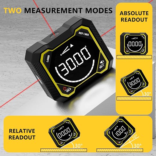 Digital Angle Finder with Laser, Magnetic Inclinometer, USB Rechargeable | 4x90° angle measurement with backlit LCD, auto-rotating display and magnetic base for woodworking, construction and DIY.