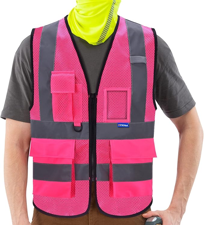 A-SAFETY Hi-Vis Reflective Mesh Vest with 7 Pockets, Zipper, Pink, 6XL-8XL | Pink 6XL-8XL mesh safety vest with 7 pockets, front zipper and reflective strips for women at work and volunteer events.