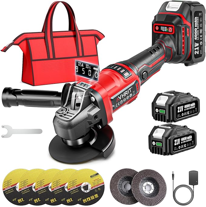 Cordless Angle Grinder 21V, 4-1/2" Battery Grinder with 2 Batteries, LED Display, Power Burshless motor, Variable Speed for Metal Cutting Grinding, Rust Removal