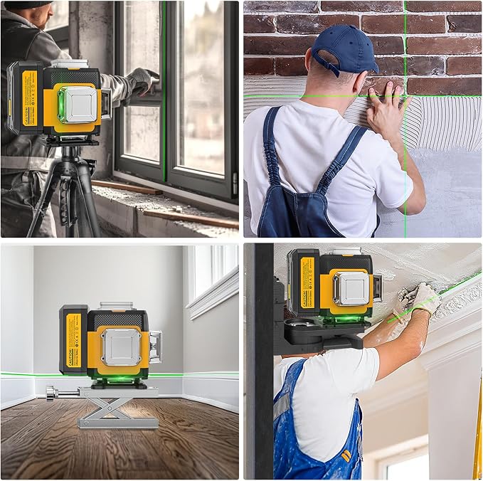 Laser Level 360 Self Leveling, 3 x 360 Self-Leveling Cross Line Laser 3D Green Laser Level for Construction and Picture Hanging, Rechargeable Li-ion battery, Hard Carry Case Included SZ03DG