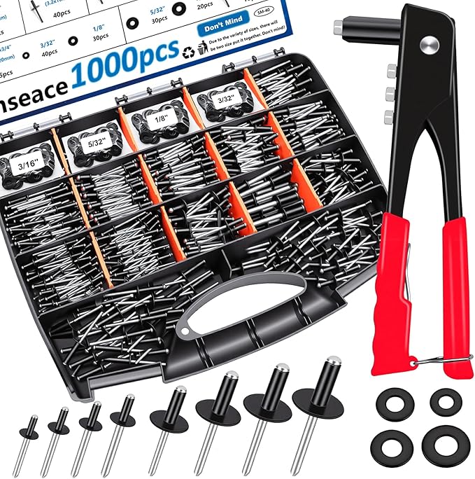 smseace Black, Silver(Can Choose) Pop Rivet Gun Kit Black Pop Rivets, Large Flange Rivets, Washers and Rivets Gun Tool Packed in Portable Toolbox with Color Label