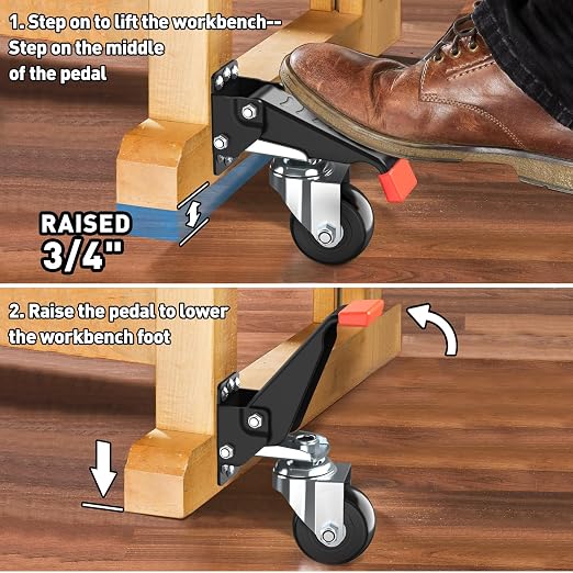 SPACEKEEPER Workbench Casters kit 720 Lbs Retractable Casters Heavy Duty Bench Caster Wheels Side Mounted Retractable Workbench Wheels Designed for Workbenches Machinery & Tables, 4 Pack