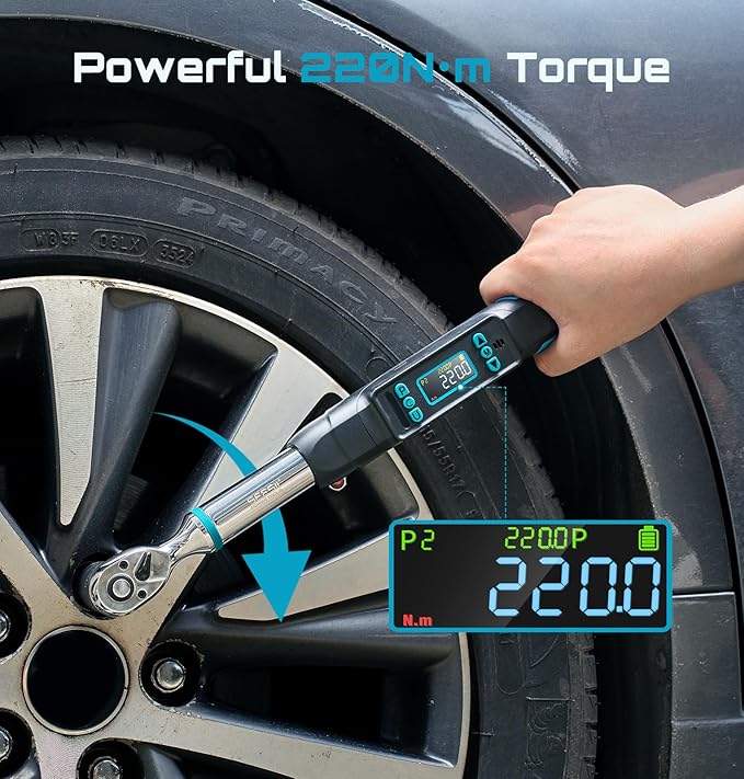 Seesii 3/8" Digital Torque Wrench, ±2% Accuracy, 0–220 N·m/0–162 ft-lbs, LCD Display, Real-Time & Peak Modes, Preset & Data Storage, Dual Alarm, Electric Torque Wrench for Bicycle, Car, Motorcycle