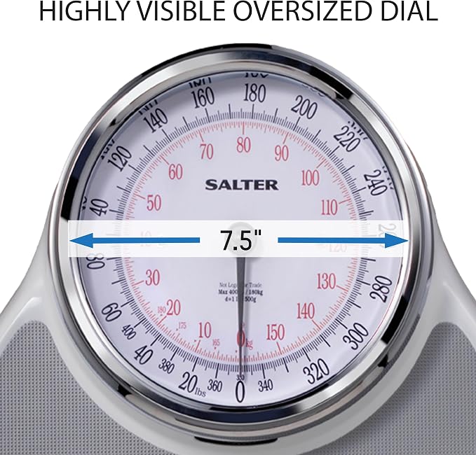 Salter Academy Analog Bathroom Scale for Body Weight - Large 18.25 x 13 Inch Steel Platform, 400 lb Capacity, Oversized 7.5 Inch Dial, Non-Slip Mat, Silver Chrome