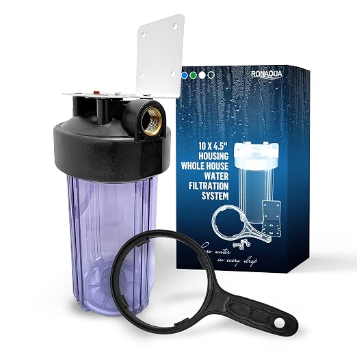High Capacity 10 x 4.5” Whole House Filter Purifier System for Well or City Water, Presser Relief Button, 1” NPT Brass Port, Double O-Ring, Meets NSF Standards & Regulations (Transparent, 1 Set)