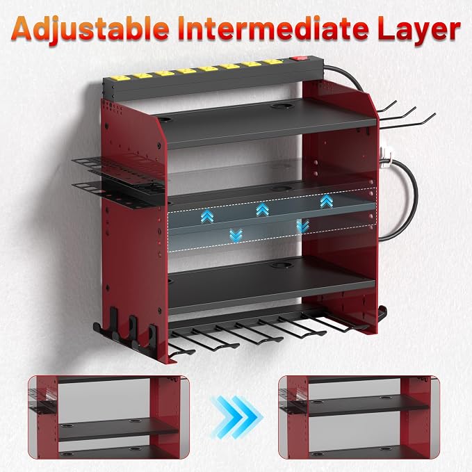 Power Tool Organizer Wall Mount with Charging Station & 8 Outlet,4 Layer Heavy Duty Metal Rack Loads 260lbs for Garage Organization,4 Cordless Drill Holders,Day Gift for Men,Dark Red