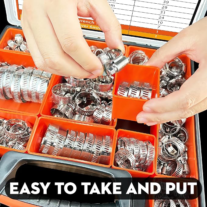 210PCS Worm Gear Hose Clamps Assortment Kit,1/4"-2"(6-51mm) 304 Stainless Steel Heavy Duty Adjustable Band Clamps for Automotive Fuel Lines, Coolant Hoses, Plumbing, Marine,Industrial