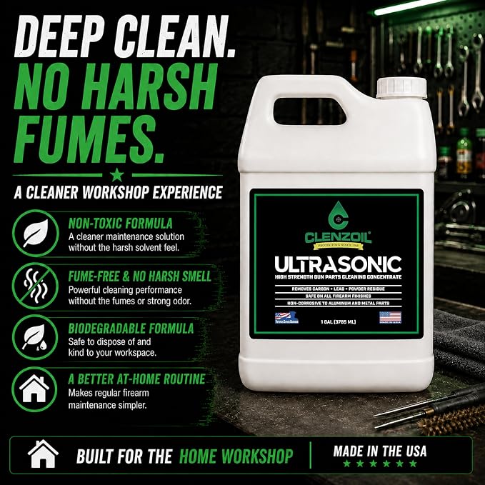 Clenzoil Ultrasonic Cleaner Solution for Firearms - 1 Gallon Concentrate | Removes Carbon, Lead & Powder Residue | Safe on All Metal | Non-Toxic | Field & Range | Dilutes 1:5 (Makes 6 Gallons)