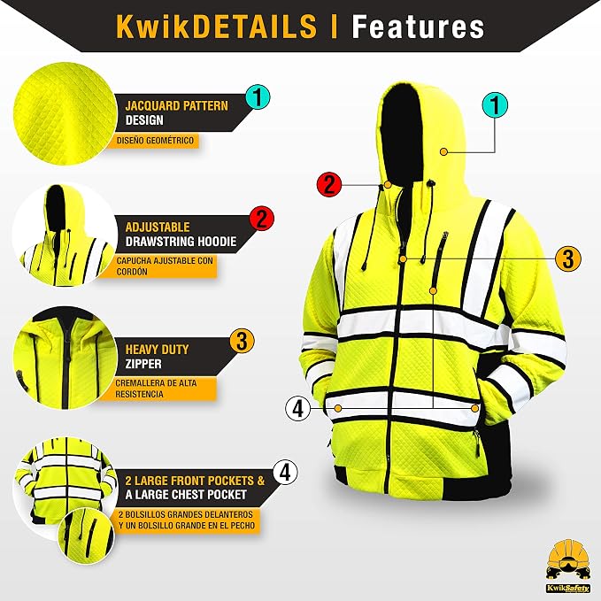 KwikSafety - Charlotte, NC - Men's Fleece Safety Hoodie | PPE Hi Vis Lightweight Reflective Jacket