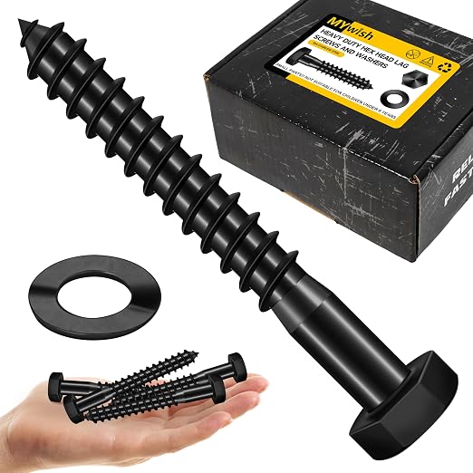 Mywish (25Sets) 1/2" x 3-1/2" Lag Bolts, 304 Stainless Steel 1/2 inch Lag Screws Bolts for Wood, Heavy Duty Hex Head with Flat Washers Bolt Kit, Black Oxided