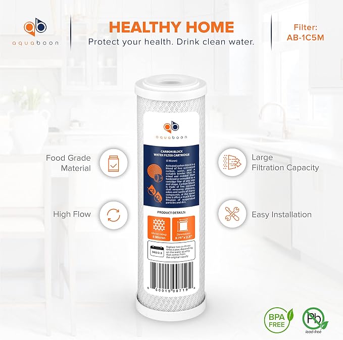 Aquaboon 5 Micron 10 x 2.5 House Water Filters Cartridges, Set of 20 | Sediment & Carbon Filter Replacements Compatible with WHKF-WHWC, P5, WHKF-GD05