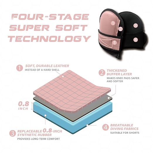 Super Soft Leather Knee Pads for Work with Non-Slip Strap, Shorts Available, Replaceable Inner Cushion for Construction, Garden, Clean, Floor, and Garage, Pink for Woman