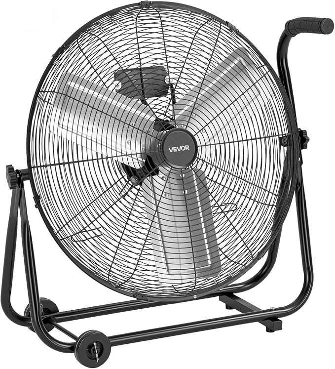 VEVOR Industrial Shop Fan, 24 Inch Floor Drum Fan, High Velocity 7500 CFM, Heavy Duty Aluminum Blades, 3 Speeds, 360 Degree Tilt, Ideal for Commercial, Garage, Warehouse, Basement, Workshop, Black