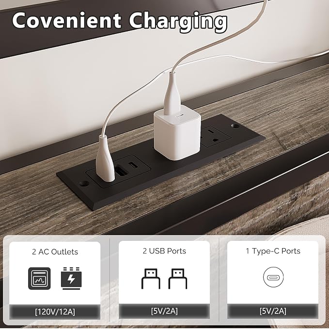 VINGLI LED Queen Bed Frame with 4 Storage Drawers and Adjustable Headboard Shelf, Metal Platform Panel Bed with Charging Station for Kids Teens, Adults, No Box Spring Needed, Wash Gray