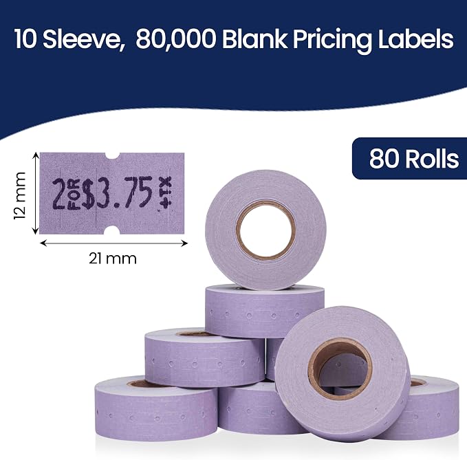 Perco 2 Line Lavender Labels - 60,000 Blank Price and Date Gun Labels for Perco 2 Line Price and Date Guns - 80 Rolls, 10 Sleeves - Made in USA