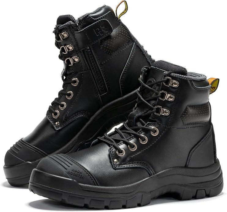 ROCKROOSTER Work Boots for Men, steel toe, 6 inch, Side Zipper, Construction Work Boots, Comfortable, Slip-Resistant, EE wide, ASTM F2413-18, EH Rated AK052 AK052BK