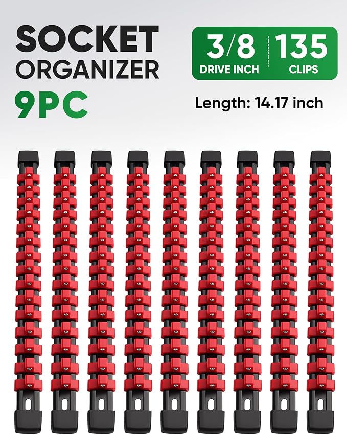 ALOANES 9PC ABS Socket Organizer, Socket Rails Fit 3/8 inch Drive | Heavy Duty Socket Holders Hold up 135 Sockets for Mechanics Toolbox Drawer Bags(Red)