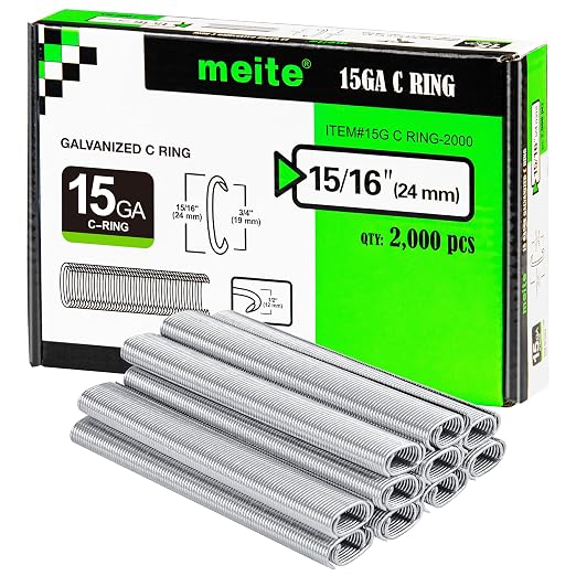 meite 15 Gauge 3/4" Hog Rings, Galvanized Hog Ring Staples for SC7C, SC7C-I2 Hog Ring Stapler, C Ring Staples for Mattress Springs, Seat Assembly, Wire Cages (2,000 Counts)