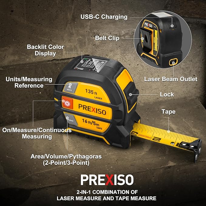 PREXISO 2-in-1 Digital 135Ft Rechargeable Laser Tape Measure & PREXISO 360° Laser Level with Tripod, 100Ft Dual Power Self Leveling