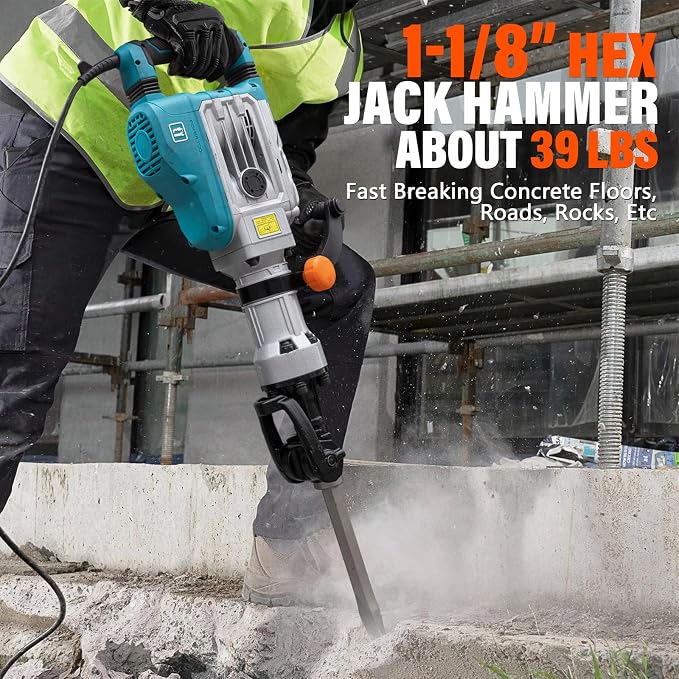 Berserker 1700W 40-Pound Demolition Jack Hammer 127FD with 1-1/8" Hex,14Amp | Heavy duty Corded Electric Concrete/Pavement Breaker with Vibration Control, Trigger Lock, Wheeled Carrying Case & 2 Chisels
