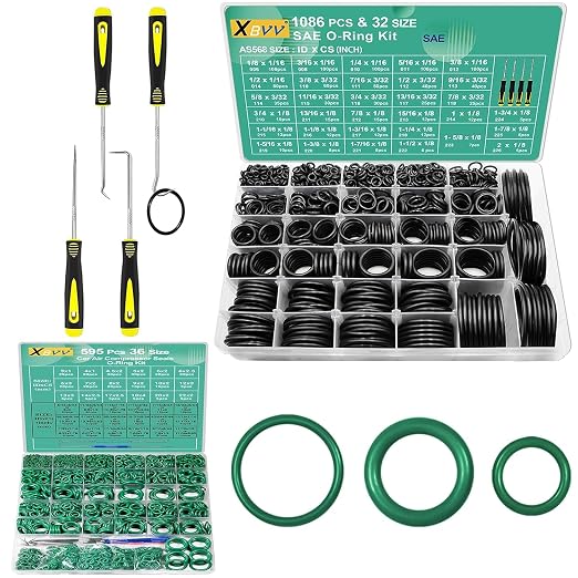XBVV 1086 Pcs 32 Size SAE O Ring Assortment Kit and 595 Pcs Air Conditioning O-Ring Kit for Automotive A/C, Compressor and Professional Faucet Plumbing Seal Orings Repair