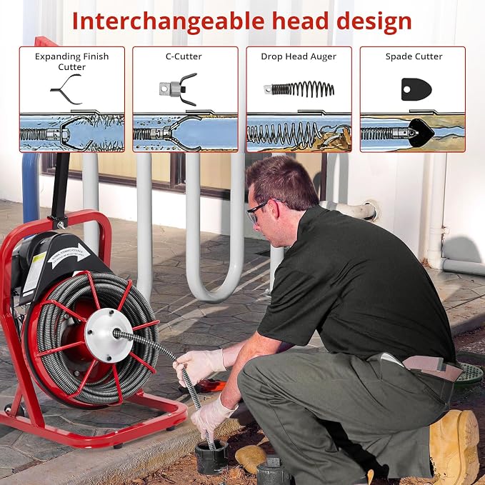 Garvee Drain Cleaner Machine 50 Ft X 3/8 Inch, 370W Drain Cleaning Machine Fits 1 Inch to 4 in Pipes, Portable Electric Drain Auger Cleaner with 4 Cutters, Gloves