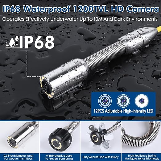 Sewer Camera 0.9in Camera Head 16GB DVR Drain Camera with 12 LED Light,8500mAh 8-10H Working Time Borescope w/Meter Counter for Plumbing Drain(164ft/50M)