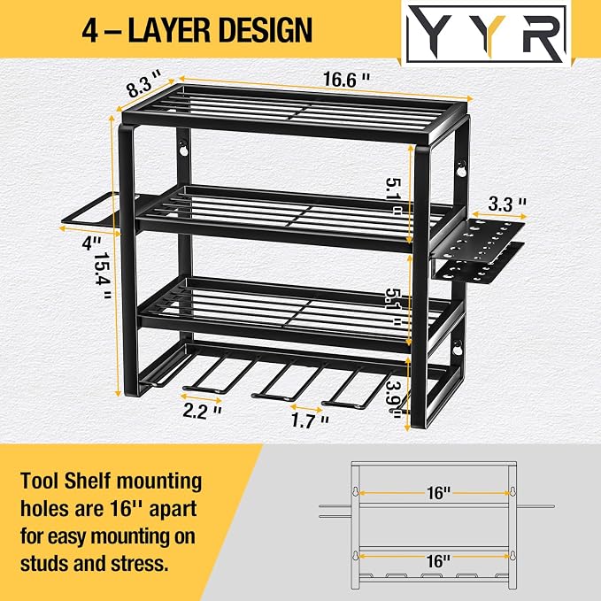 YYR 4 Layer Power Tool Organizer 16 Inch 4 Slots & Heavy Duty 4-Level Lumber Storage Rack Wall Mount
