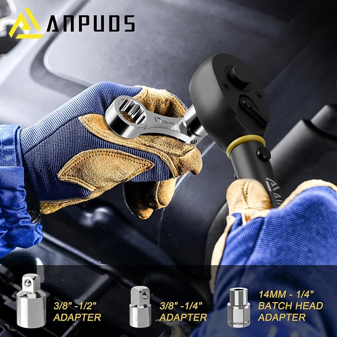 ANPUDS 17 Pcs Metric Torque Adapter Set, 8-22mm, 12-Point Extension, 3/8" | 1/2''+1/4'' + Bit Adapter, Cr-Mo Steel, Torque Wrench Adapter, for Engine Bay, Brake, Suspension & Tight Access, Silver