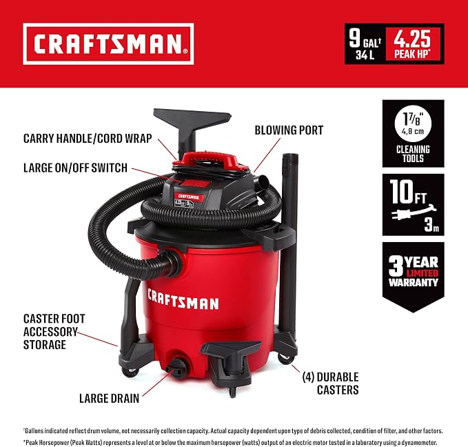 CRAFTSMAN CMXEVBE18590 9 Gallon 4.25 Peak HP Wet Dry Shop Vacuum