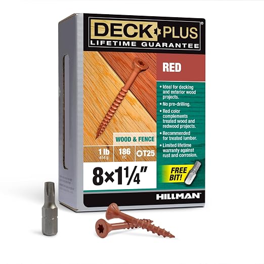 Deck Plus 1-1/4 Inch Epoxy Coated Exterior Wood and Fence Screws #8 x 1-1/4" Torx/Star Drive Included Coarse Thread, Outdoor Rust Resistant Decking Screw, Red, 1lb Box, 186 Pieces | 48424