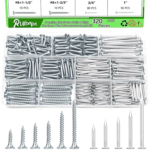 320Pcs Premium Hardware Nails & High Hardness Wood Screws Assortment Kit, 11 Sizes (1/2"-2"),Phillips Drive Flat Head, Wood Screws, Galvanized, Picture Hanging, Wood, Common Nails with Storage Box