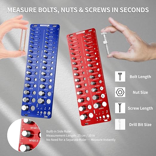 76 Thread Checker, Nut and Bolt Thread Checker Standard and Metric, Thread Gauge with 31 SAE & 29 Metric & 16 Drill Bit Sizes, Aluminum Screw Nut and Bolt Size Gauge Finder Identifier Set