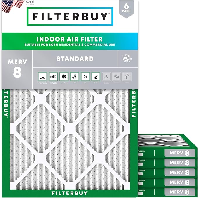 Filterbuy 10x16x1 Air Filter MERV 8 Essential Dust & Allergy Defense (6-Pack), Electrostatic Pleated HVAC AC Furnace Filters Replacement, Made in USA (Actual Size: 9.50 x 15.50 x 0.75)