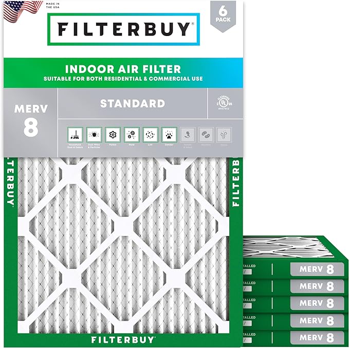 Filterbuy 30x36x1 Air Filter MERV 8 Essential Dust & Allergy Defense (6-Pack), Electrostatic Pleated HVAC AC Furnace Filters Replacement, Made in USA (Actual Size: 29.81 x 35.81 x 0.75)