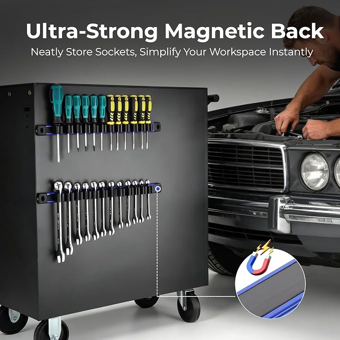 Reniteco Magnetic Screwdriver Organizer and Magnetic Wrench Organizer, Aluminum Rail Tool Holder, 12 Removable Clips, Fits Screwdrivers, Wrenches & Hand Tools, Dual Mount, Tools Not Included