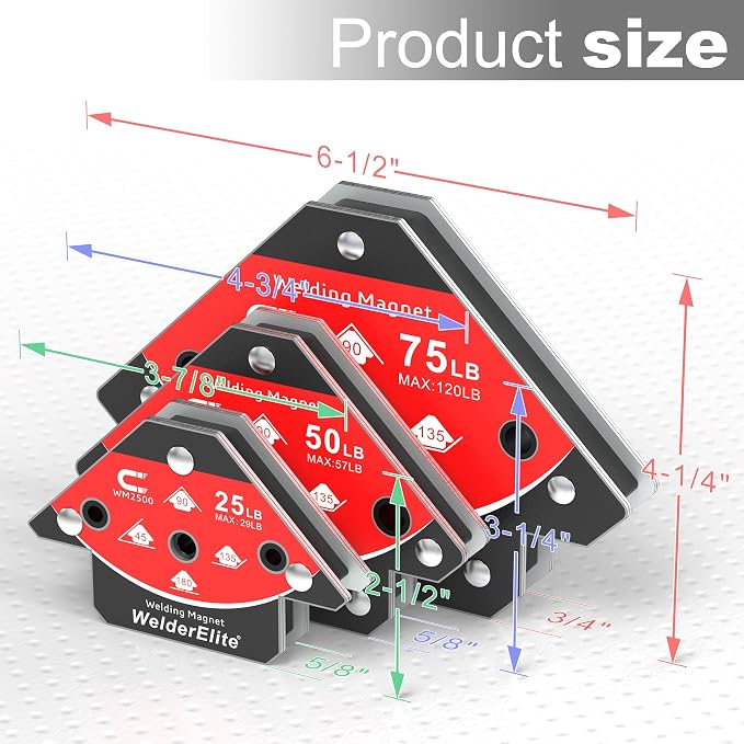 Welding Magnets 6-Pack: 2×25LB, 2×50LB, 2×75LB, Arrow Holder 45°/90°/135°, Galvanized Steel | Galvanized steel frame resists heat. Kit for light tack to heavy structural welding. Ideal for pro MIG/TIG/stick shop use