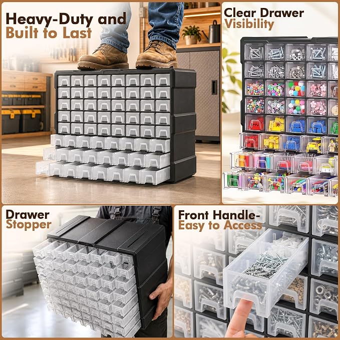 PurKeep 64-Drawer Organizer for Garage Building Bricks Storage,𝐓𝐡𝐢𝐜𝐤𝐞𝐫 Drawer Storage Cabinet with Dividers and Labels for Hardware,Screws,Nuts Bolts, Garage Tools,Charms,Beads,Craft,Scrapbook