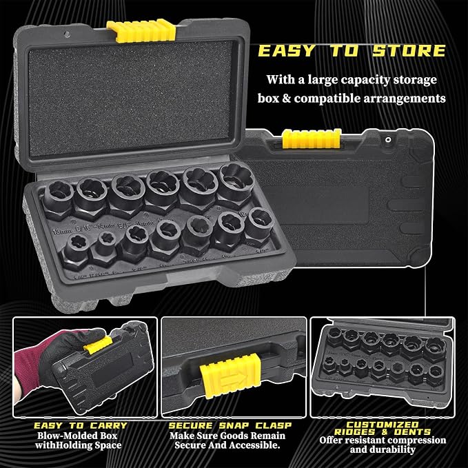 14 Pcs Bolt Nut Extractor Set with Knockout Bar, 3/8" Drive Wheel Lock Removal Kit for Extracting Damaged, Stripped Frozen Nuts & Screws Twist Socket Set, Impact Lug Nut Remover Socket Tool