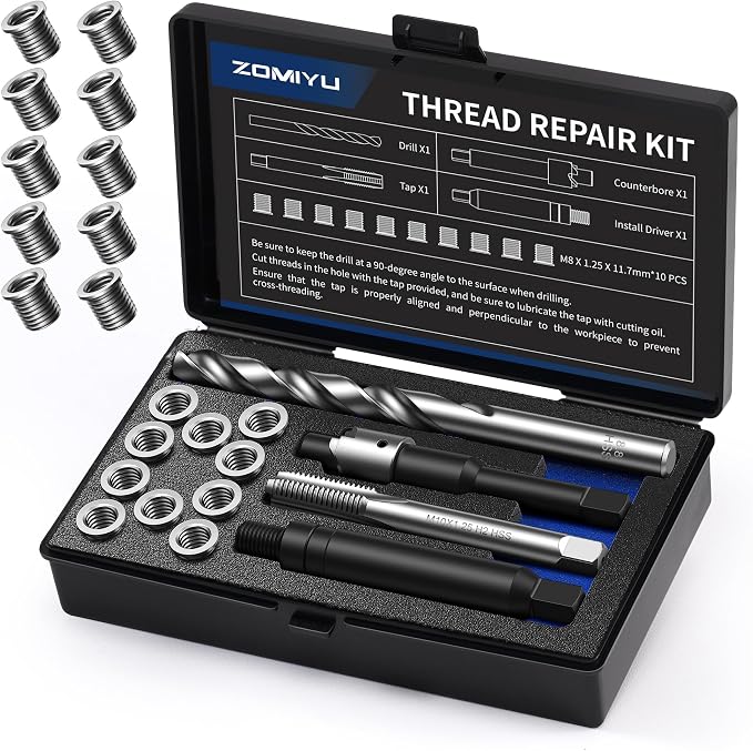 M8 x 1.25 Metric Thread Repair Kit, with HSS Drill Bit, Tap, Counterbore & Installation Driver, M8 x 1.25 Solid 304 Stainless Steel Inserts (10 Pcs, 9.4 mm Length)