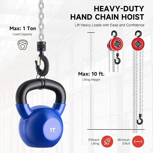 CREWORKS Hand Chain Hoist, 1 Ton 2200 lb Capacity 10 ft Manual Chain Hoist with G80 Load Chain & Galvanized Hand Chain, Heavy Duty Manual Lever Hoist for Construction Warehouse Automotive Factory